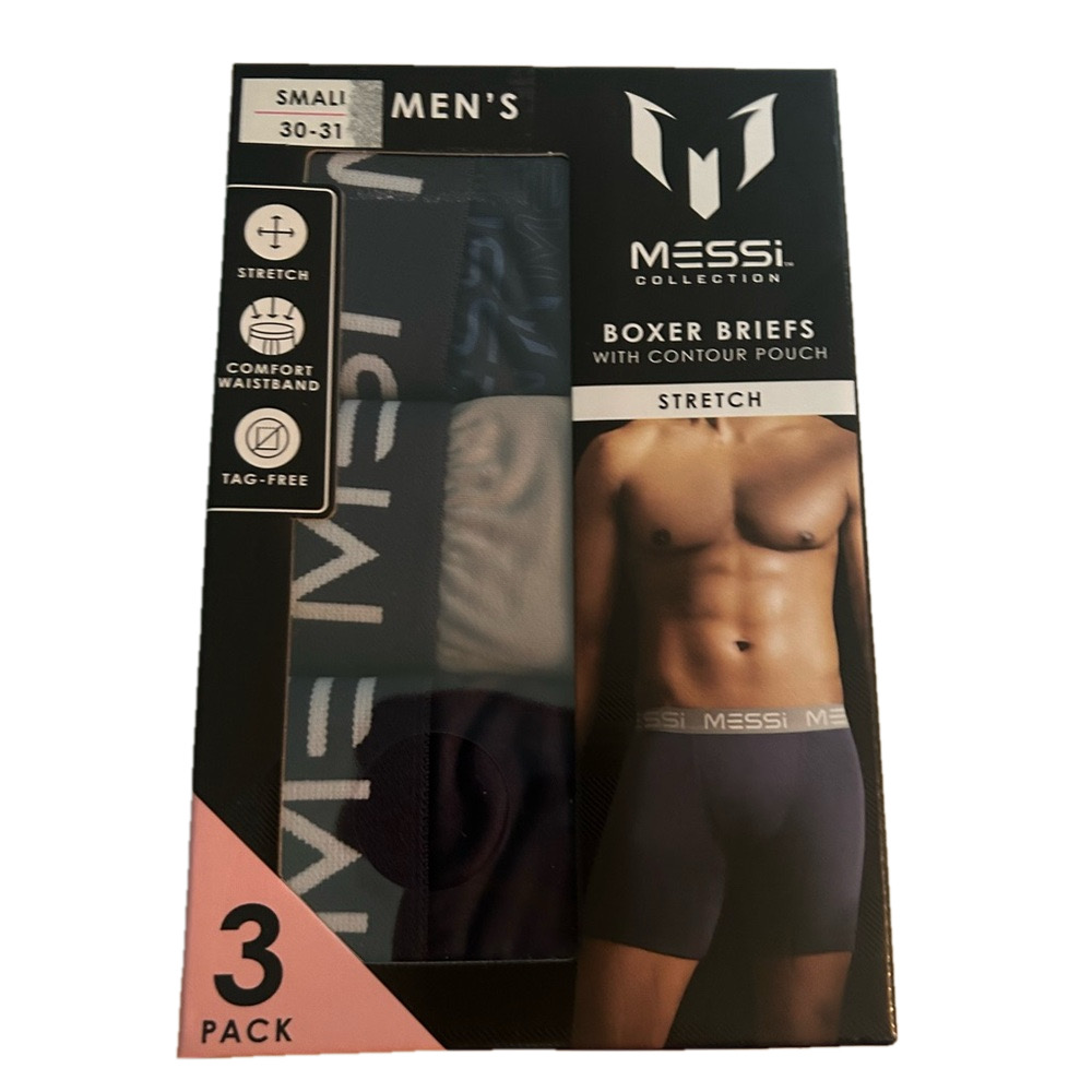 Messi Collection 3 Boxer Briefs with Contour Pouch Small 30 - 31 Black Blue Gray
